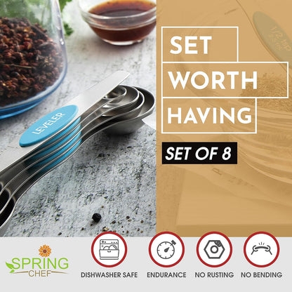Stainless Steel Magnetic Measuring Spoons Set of 8, Black | Dual Sided Metal Teaspoon & Tablespoon Measuring Spoons with Leveler for Dry & Liquid Ingredients, Nesting, Dishwasher Safe