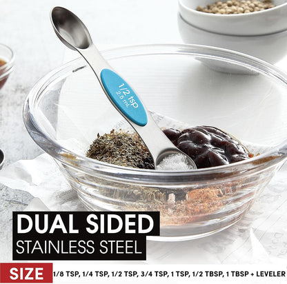 Stainless Steel Magnetic Measuring Spoons Set of 8, Black | Dual Sided Metal Teaspoon & Tablespoon Measuring Spoons with Leveler for Dry & Liquid Ingredients, Nesting, Dishwasher Safe