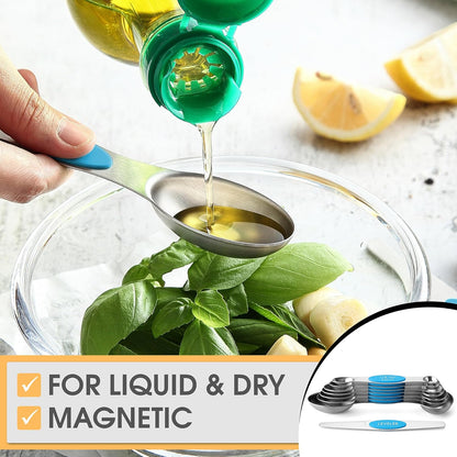 Stainless Steel Magnetic Measuring Spoons Set of 8, Black | Dual Sided Metal Teaspoon & Tablespoon Measuring Spoons with Leveler for Dry & Liquid Ingredients, Nesting, Dishwasher Safe