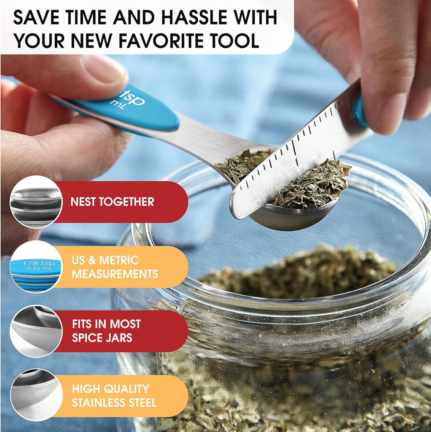 Stainless Steel Magnetic Measuring Spoons Set of 8, Black | Dual Sided Metal Teaspoon & Tablespoon Measuring Spoons with Leveler for Dry & Liquid Ingredients, Nesting, Dishwasher Safe