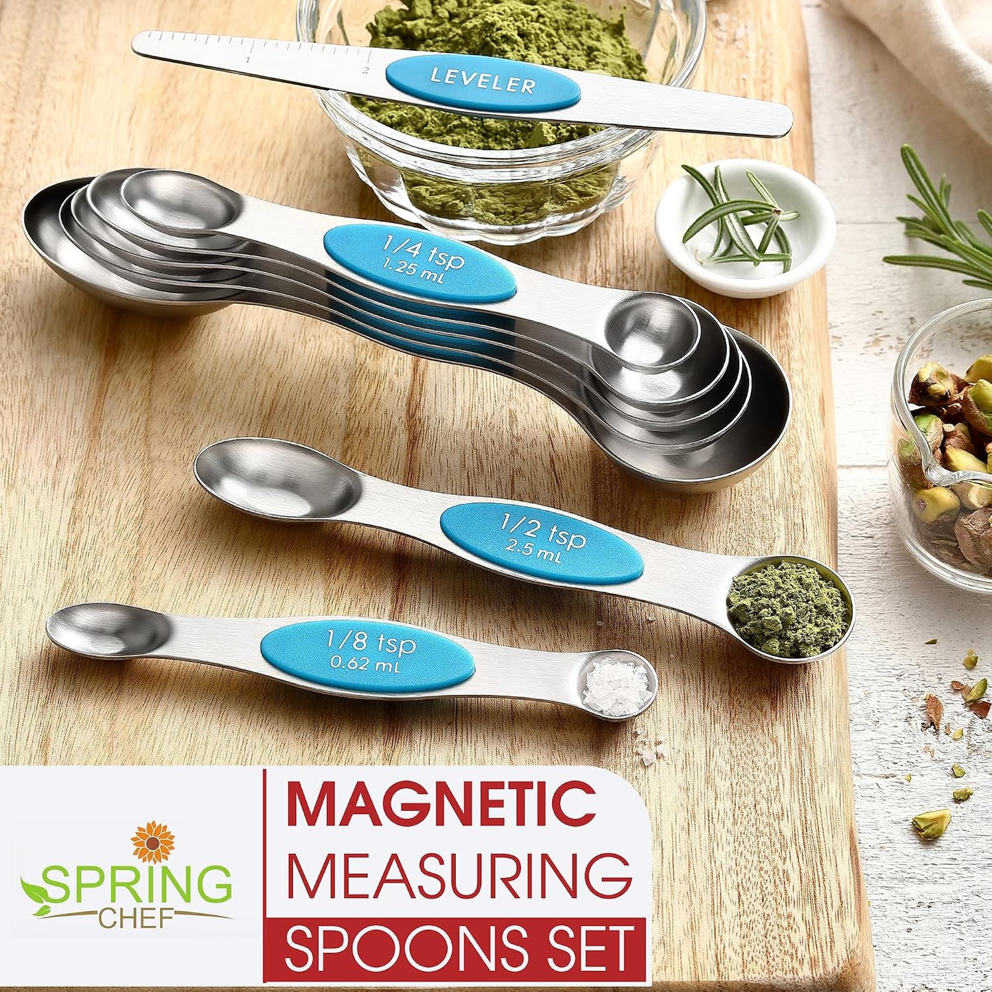 Stainless Steel Magnetic Measuring Spoons Set of 8, Black | Dual Sided Metal Teaspoon & Tablespoon Measuring Spoons with Leveler for Dry & Liquid Ingredients, Nesting, Dishwasher Safe