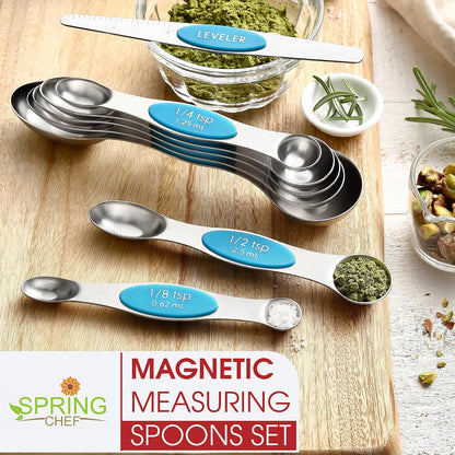 Stainless Steel Magnetic Measuring Spoons Set of 8, Black | Dual Sided Metal Teaspoon & Tablespoon Measuring Spoons with Leveler for Dry & Liquid Ingredients, Nesting, Dishwasher Safe