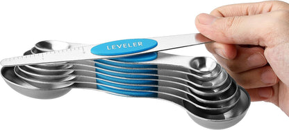 Stainless Steel Magnetic Measuring Spoons Set of 8, Black | Dual Sided Metal Teaspoon & Tablespoon Measuring Spoons with Leveler for Dry & Liquid Ingredients, Nesting, Dishwasher Safe