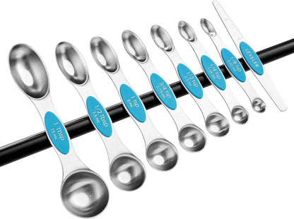 Stainless Steel Magnetic Measuring Spoons Set of 8, Black | Dual Sided Metal Teaspoon & Tablespoon Measuring Spoons with Leveler for Dry & Liquid Ingredients, Nesting, Dishwasher Safe