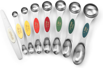 Stainless Steel Magnetic Measuring Spoons Set of 8, Black | Dual Sided Metal Teaspoon & Tablespoon Measuring Spoons with Leveler for Dry & Liquid Ingredients, Nesting, Dishwasher Safe