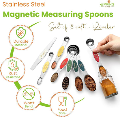 Stainless Steel Magnetic Measuring Spoons Set of 8, Black | Dual Sided Metal Teaspoon & Tablespoon Measuring Spoons with Leveler for Dry & Liquid Ingredients, Nesting, Dishwasher Safe