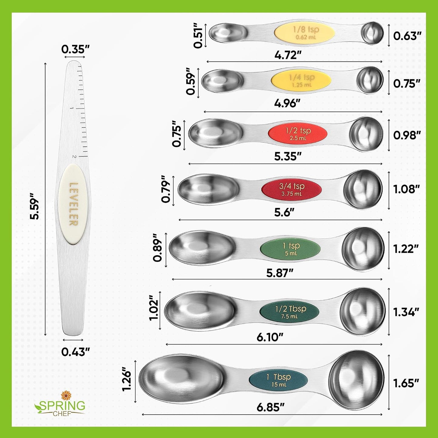 Stainless Steel Magnetic Measuring Spoons Set of 8, Black | Dual Sided Metal Teaspoon & Tablespoon Measuring Spoons with Leveler for Dry & Liquid Ingredients, Nesting, Dishwasher Safe