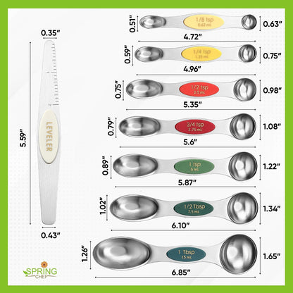 Stainless Steel Magnetic Measuring Spoons Set of 8, Black | Dual Sided Metal Teaspoon & Tablespoon Measuring Spoons with Leveler for Dry & Liquid Ingredients, Nesting, Dishwasher Safe