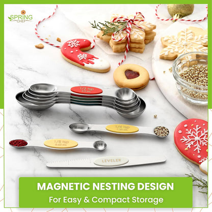 Stainless Steel Magnetic Measuring Spoons Set of 8, Black | Dual Sided Metal Teaspoon & Tablespoon Measuring Spoons with Leveler for Dry & Liquid Ingredients, Nesting, Dishwasher Safe