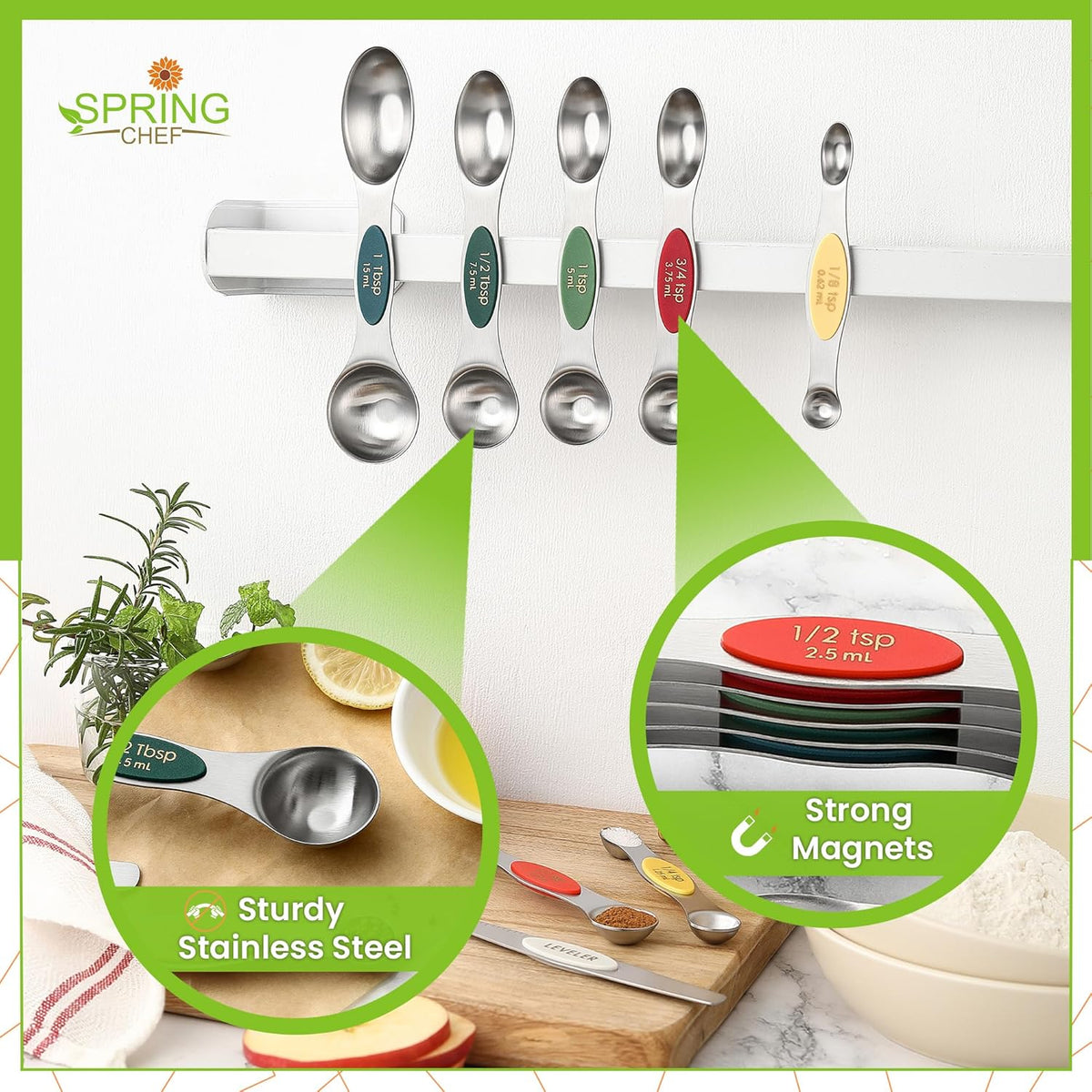 Stainless Steel Magnetic Measuring Spoons Set of 8, Black | Dual Sided Metal Teaspoon & Tablespoon Measuring Spoons with Leveler for Dry & Liquid Ingredients, Nesting, Dishwasher Safe