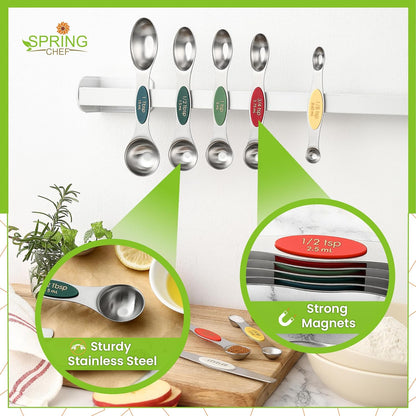Stainless Steel Magnetic Measuring Spoons Set of 8, Black | Dual Sided Metal Teaspoon & Tablespoon Measuring Spoons with Leveler for Dry & Liquid Ingredients, Nesting, Dishwasher Safe