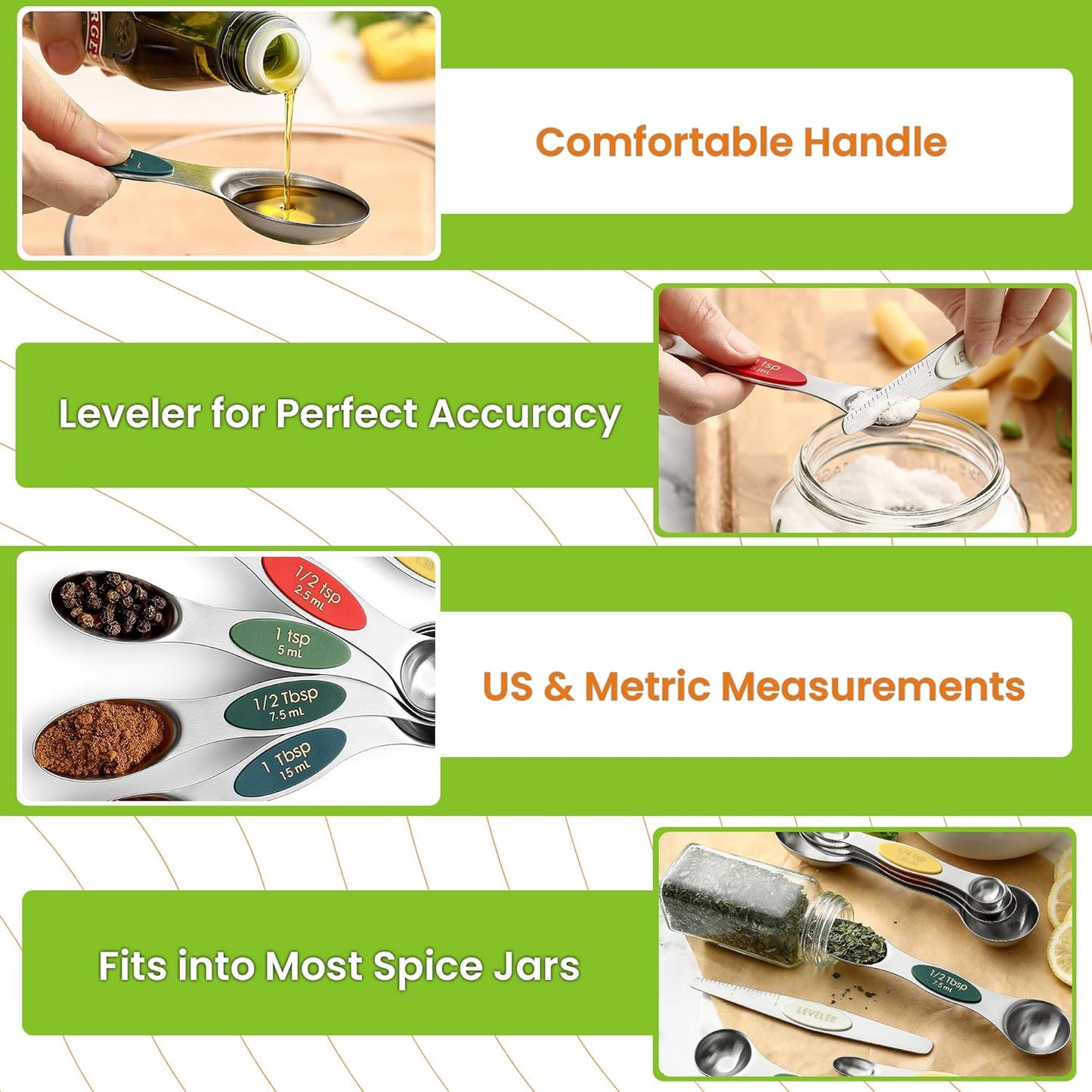Stainless Steel Magnetic Measuring Spoons Set of 8, Black | Dual Sided Metal Teaspoon & Tablespoon Measuring Spoons with Leveler for Dry & Liquid Ingredients, Nesting, Dishwasher Safe