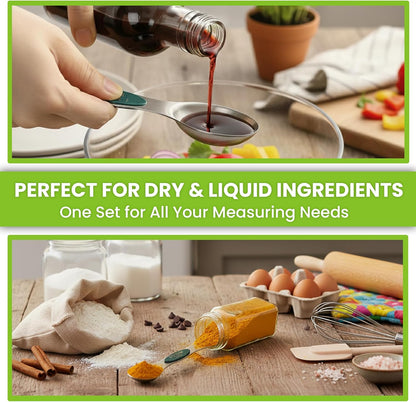 Stainless Steel Magnetic Measuring Spoons Set of 8, Black | Dual Sided Metal Teaspoon & Tablespoon Measuring Spoons with Leveler for Dry & Liquid Ingredients, Nesting, Dishwasher Safe