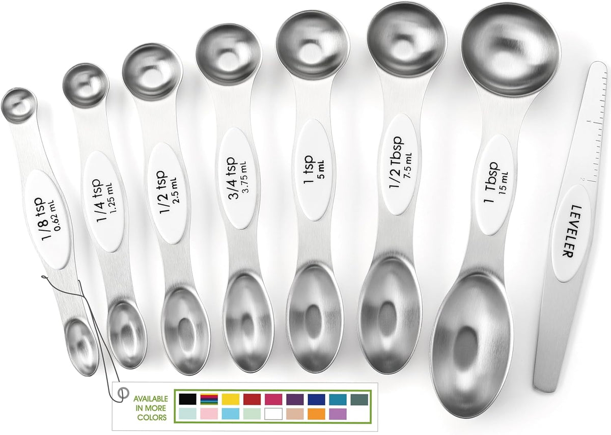 Stainless Steel Magnetic Measuring Spoons Set of 8, Black | Dual Sided Metal Teaspoon & Tablespoon Measuring Spoons with Leveler for Dry & Liquid Ingredients, Nesting, Dishwasher Safe