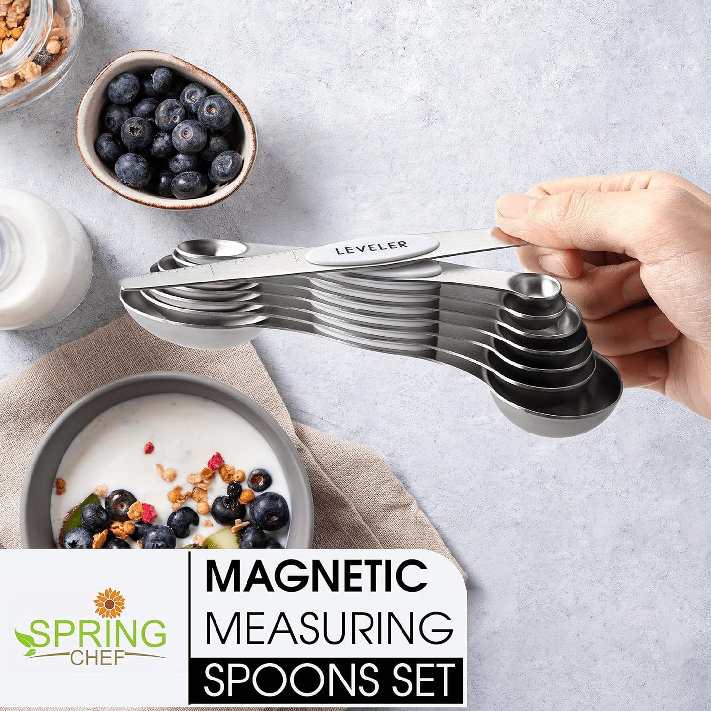 Stainless Steel Magnetic Measuring Spoons Set of 8, Black | Dual Sided Metal Teaspoon & Tablespoon Measuring Spoons with Leveler for Dry & Liquid Ingredients, Nesting, Dishwasher Safe