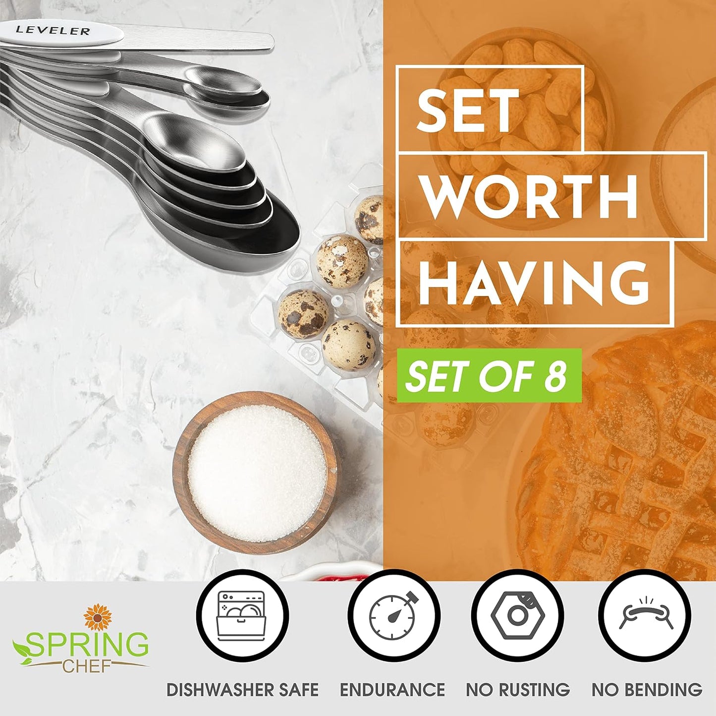 Stainless Steel Magnetic Measuring Spoons Set of 8, Black | Dual Sided Metal Teaspoon & Tablespoon Measuring Spoons with Leveler for Dry & Liquid Ingredients, Nesting, Dishwasher Safe