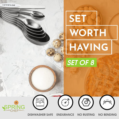 Stainless Steel Magnetic Measuring Spoons Set of 8, Black | Dual Sided Metal Teaspoon & Tablespoon Measuring Spoons with Leveler for Dry & Liquid Ingredients, Nesting, Dishwasher Safe