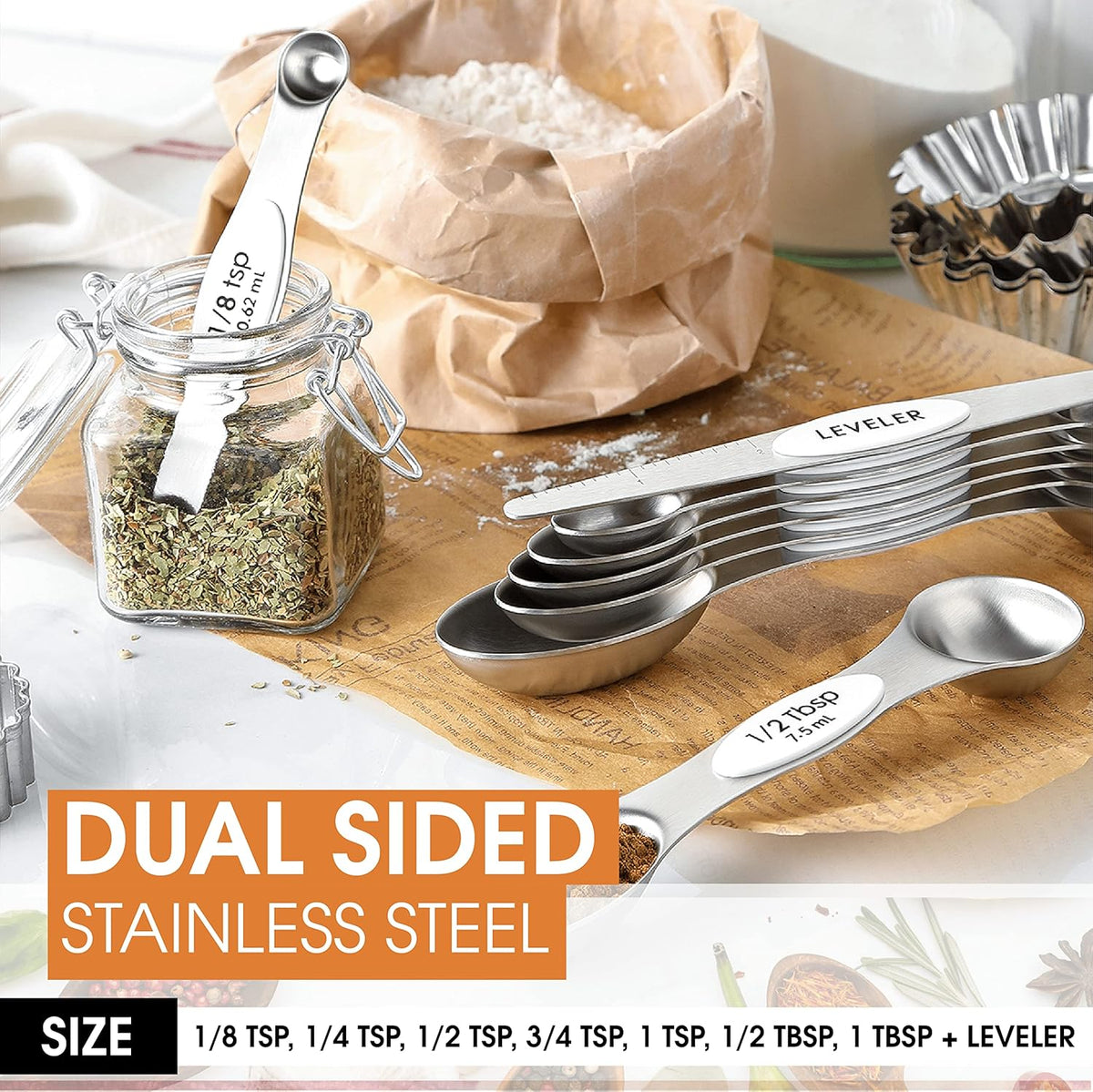 Stainless Steel Magnetic Measuring Spoons Set of 8, Black | Dual Sided Metal Teaspoon & Tablespoon Measuring Spoons with Leveler for Dry & Liquid Ingredients, Nesting, Dishwasher Safe