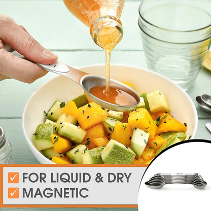 Stainless Steel Magnetic Measuring Spoons Set of 8, Black | Dual Sided Metal Teaspoon & Tablespoon Measuring Spoons with Leveler for Dry & Liquid Ingredients, Nesting, Dishwasher Safe