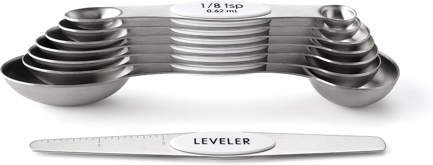 Stainless Steel Magnetic Measuring Spoons Set of 8, Black | Dual Sided Metal Teaspoon & Tablespoon Measuring Spoons with Leveler for Dry & Liquid Ingredients, Nesting, Dishwasher Safe