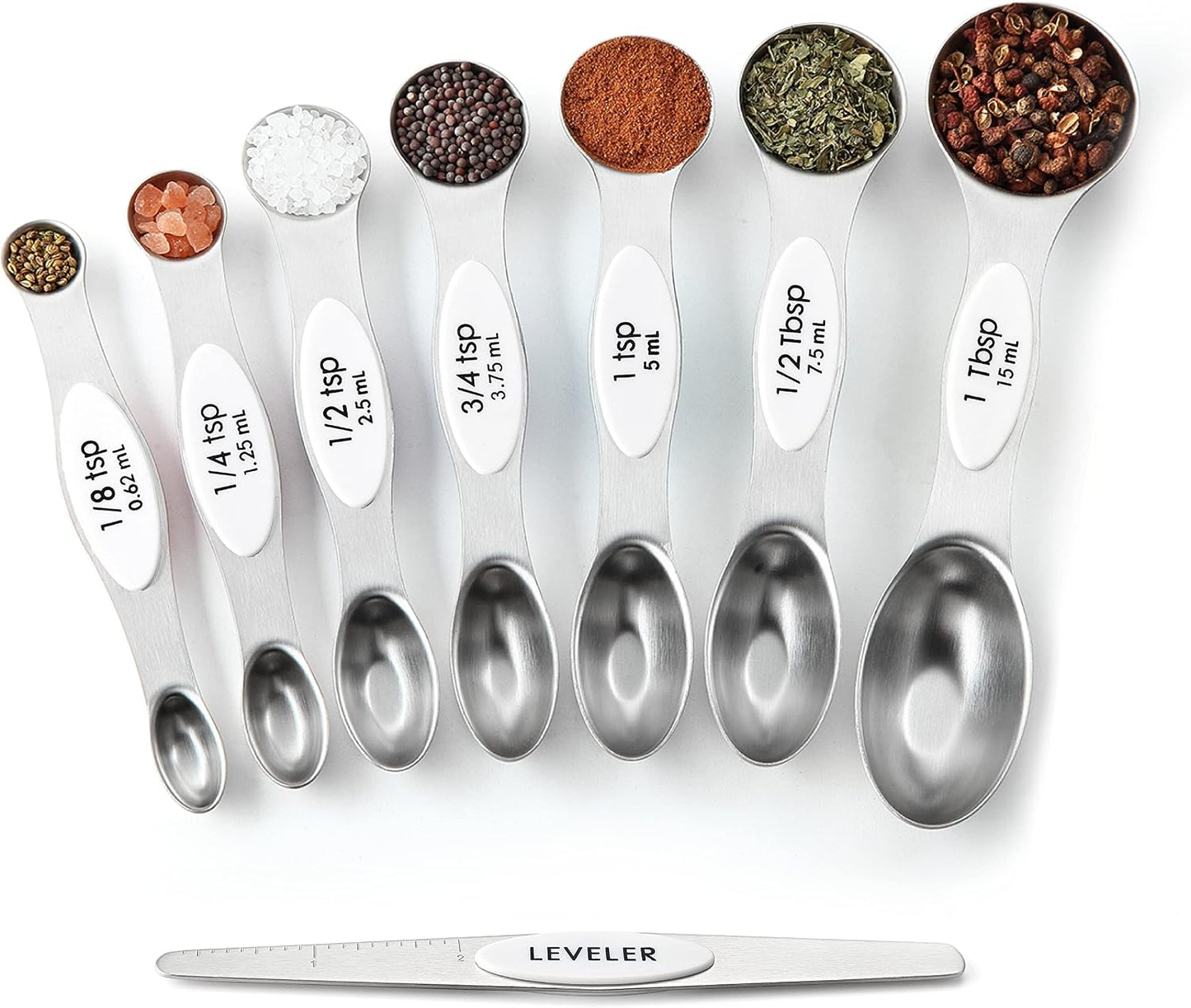 Stainless Steel Magnetic Measuring Spoons Set of 8, Black | Dual Sided Metal Teaspoon & Tablespoon Measuring Spoons with Leveler for Dry & Liquid Ingredients, Nesting, Dishwasher Safe