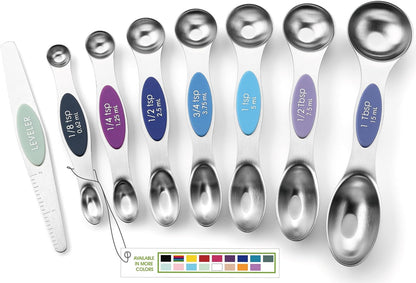 Stainless Steel Magnetic Measuring Spoons Set of 8, Black | Dual Sided Metal Teaspoon & Tablespoon Measuring Spoons with Leveler for Dry & Liquid Ingredients, Nesting, Dishwasher Safe