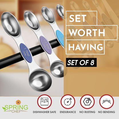 Stainless Steel Magnetic Measuring Spoons Set of 8, Black | Dual Sided Metal Teaspoon & Tablespoon Measuring Spoons with Leveler for Dry & Liquid Ingredients, Nesting, Dishwasher Safe