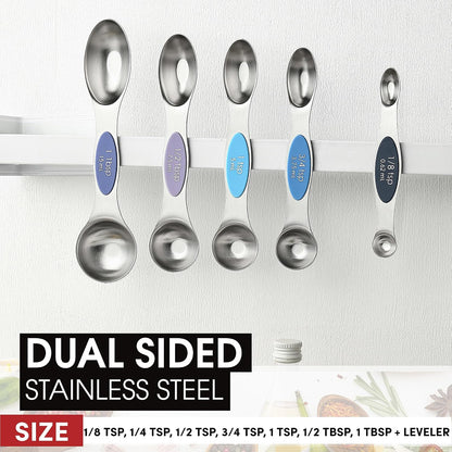 Stainless Steel Magnetic Measuring Spoons Set of 8, Black | Dual Sided Metal Teaspoon & Tablespoon Measuring Spoons with Leveler for Dry & Liquid Ingredients, Nesting, Dishwasher Safe