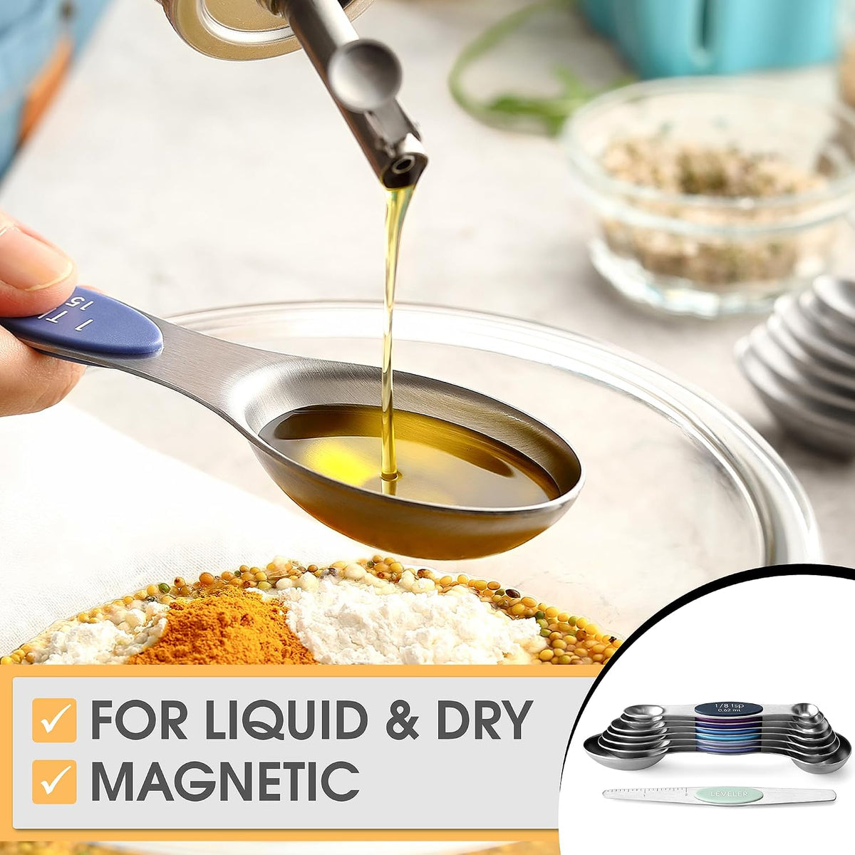 Stainless Steel Magnetic Measuring Spoons Set of 8, Black | Dual Sided Metal Teaspoon & Tablespoon Measuring Spoons with Leveler for Dry & Liquid Ingredients, Nesting, Dishwasher Safe