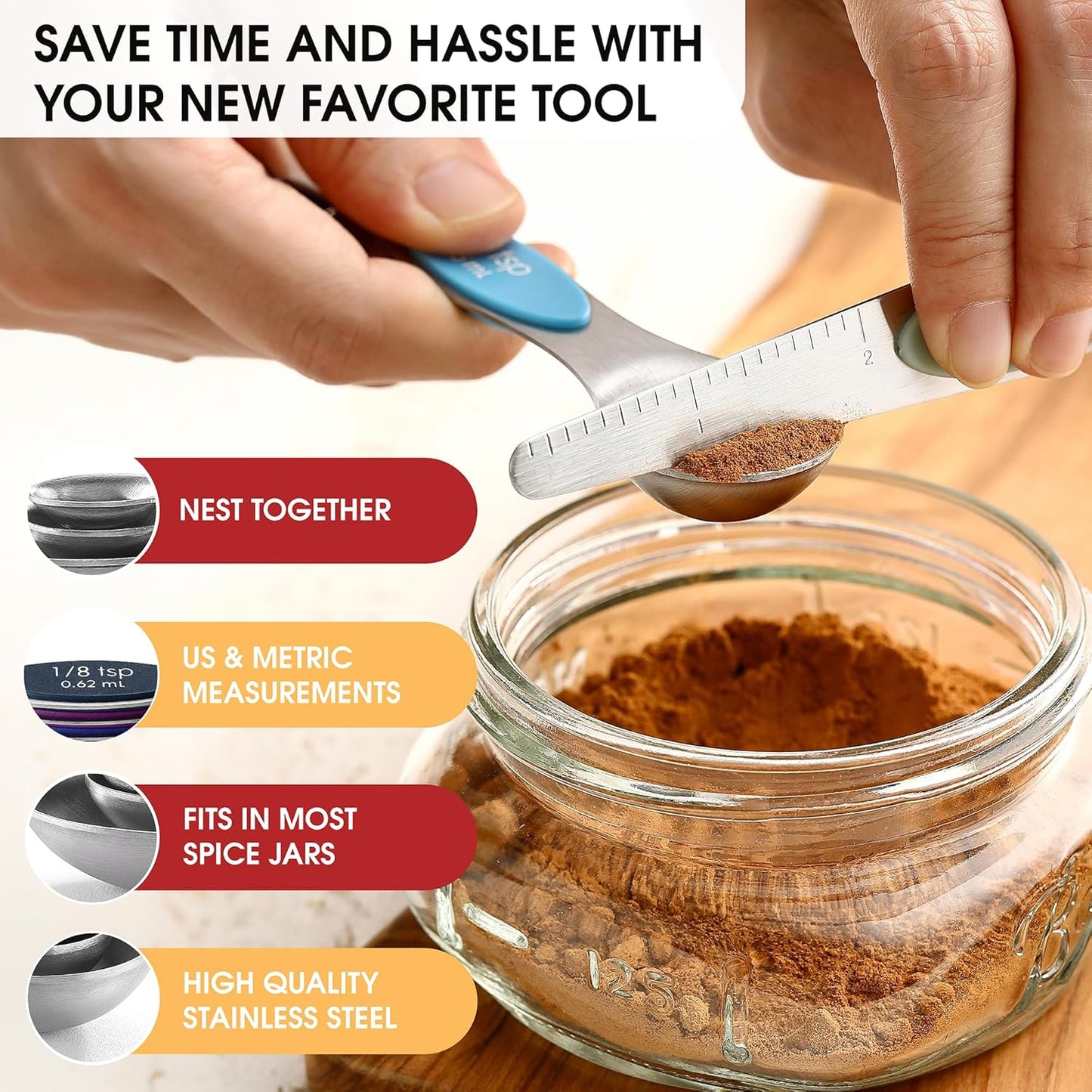 Stainless Steel Magnetic Measuring Spoons Set of 8, Black | Dual Sided Metal Teaspoon & Tablespoon Measuring Spoons with Leveler for Dry & Liquid Ingredients, Nesting, Dishwasher Safe