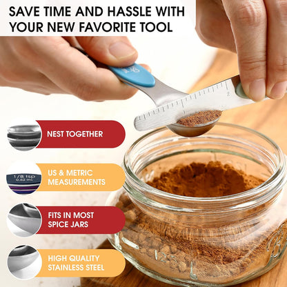 Stainless Steel Magnetic Measuring Spoons Set of 8, Black | Dual Sided Metal Teaspoon & Tablespoon Measuring Spoons with Leveler for Dry & Liquid Ingredients, Nesting, Dishwasher Safe