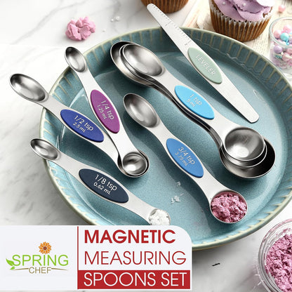 Stainless Steel Magnetic Measuring Spoons Set of 8, Black | Dual Sided Metal Teaspoon & Tablespoon Measuring Spoons with Leveler for Dry & Liquid Ingredients, Nesting, Dishwasher Safe