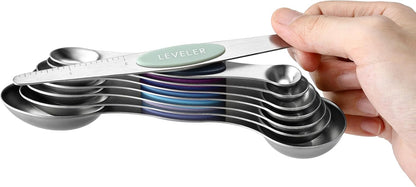 Stainless Steel Magnetic Measuring Spoons Set of 8, Black | Dual Sided Metal Teaspoon & Tablespoon Measuring Spoons with Leveler for Dry & Liquid Ingredients, Nesting, Dishwasher Safe