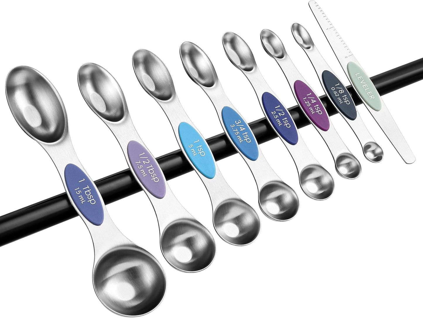 Stainless Steel Magnetic Measuring Spoons Set of 8, Black | Dual Sided Metal Teaspoon & Tablespoon Measuring Spoons with Leveler for Dry & Liquid Ingredients, Nesting, Dishwasher Safe