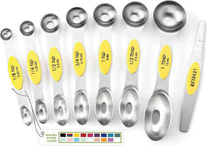 Stainless Steel Magnetic Measuring Spoons Set of 8, Black | Dual Sided Metal Teaspoon & Tablespoon Measuring Spoons with Leveler for Dry & Liquid Ingredients, Nesting, Dishwasher Safe