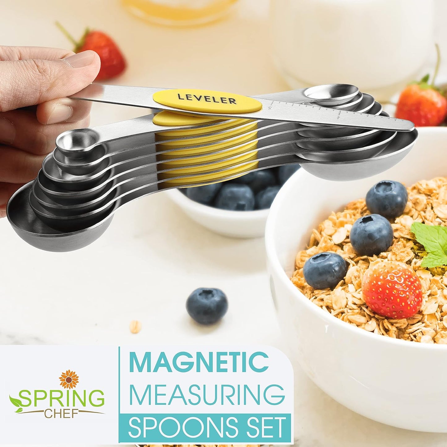 Stainless Steel Magnetic Measuring Spoons Set of 8, Black | Dual Sided Metal Teaspoon & Tablespoon Measuring Spoons with Leveler for Dry & Liquid Ingredients, Nesting, Dishwasher Safe