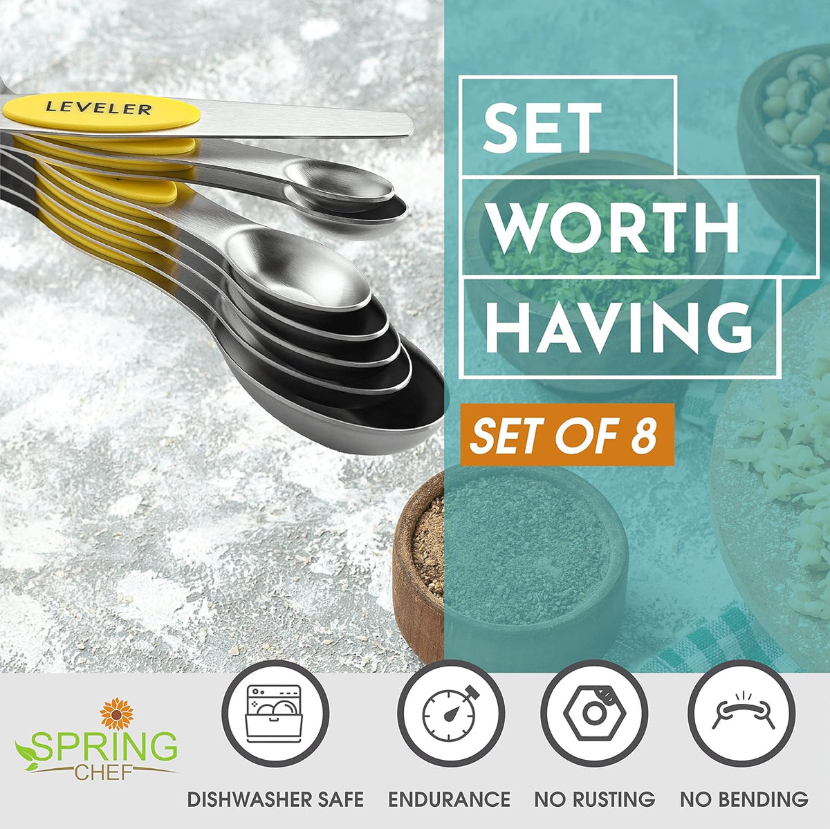 Stainless Steel Magnetic Measuring Spoons Set of 8, Black | Dual Sided Metal Teaspoon & Tablespoon Measuring Spoons with Leveler for Dry & Liquid Ingredients, Nesting, Dishwasher Safe