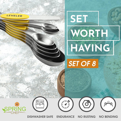 Stainless Steel Magnetic Measuring Spoons Set of 8, Black | Dual Sided Metal Teaspoon & Tablespoon Measuring Spoons with Leveler for Dry & Liquid Ingredients, Nesting, Dishwasher Safe