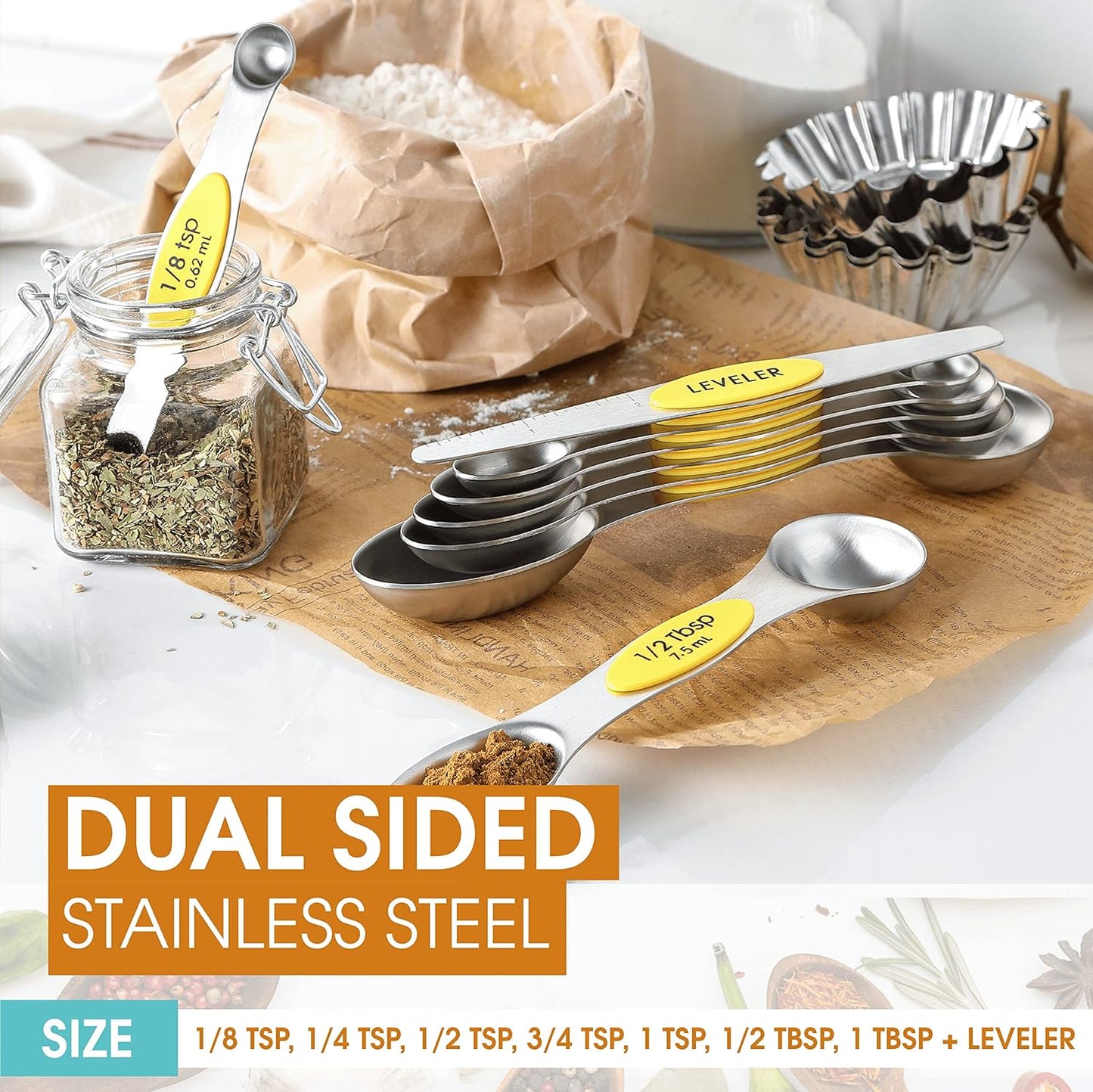 Stainless Steel Magnetic Measuring Spoons Set of 8, Black | Dual Sided Metal Teaspoon & Tablespoon Measuring Spoons with Leveler for Dry & Liquid Ingredients, Nesting, Dishwasher Safe