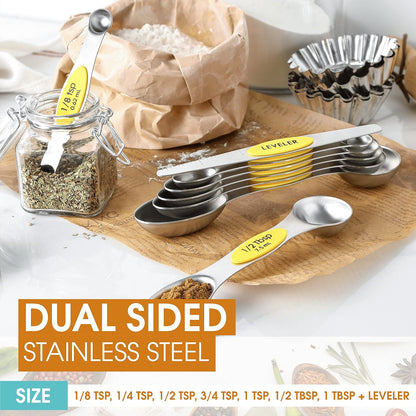 Stainless Steel Magnetic Measuring Spoons Set of 8, Black | Dual Sided Metal Teaspoon & Tablespoon Measuring Spoons with Leveler for Dry & Liquid Ingredients, Nesting, Dishwasher Safe
