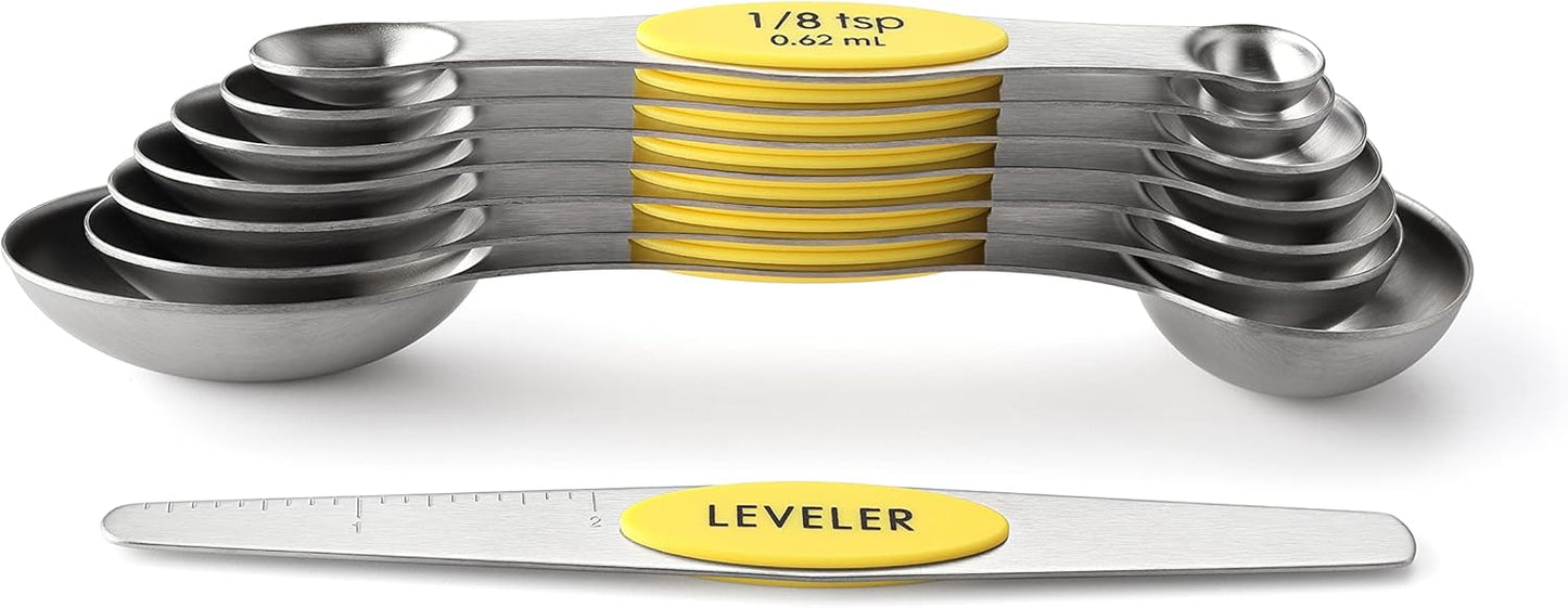 Stainless Steel Magnetic Measuring Spoons Set of 8, Black | Dual Sided Metal Teaspoon & Tablespoon Measuring Spoons with Leveler for Dry & Liquid Ingredients, Nesting, Dishwasher Safe