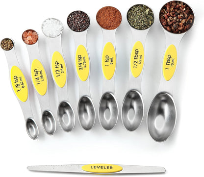 Stainless Steel Magnetic Measuring Spoons Set of 8, Black | Dual Sided Metal Teaspoon & Tablespoon Measuring Spoons with Leveler for Dry & Liquid Ingredients, Nesting, Dishwasher Safe