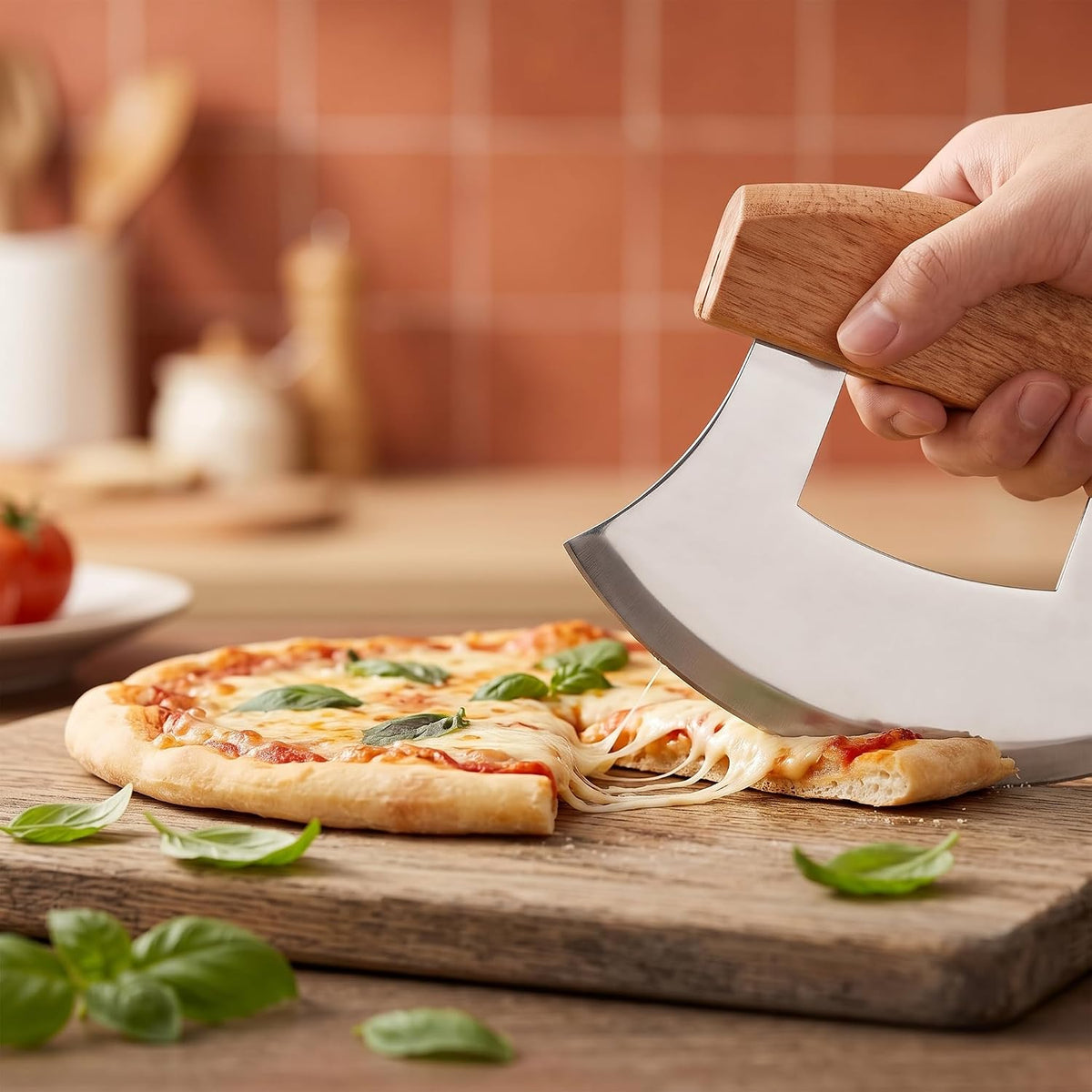 4 PCS Pizza Mezzaluna Ulu Knife, Salad Chopper Rocker Knife Stainless Steel Blade with Wooden Handle for Chopping Vegetable, Fruit