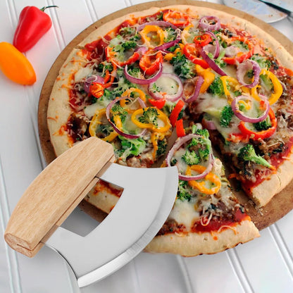 4 PCS Pizza Mezzaluna Ulu Knife, Salad Chopper Rocker Knife Stainless Steel Blade with Wooden Handle for Chopping Vegetable, Fruit