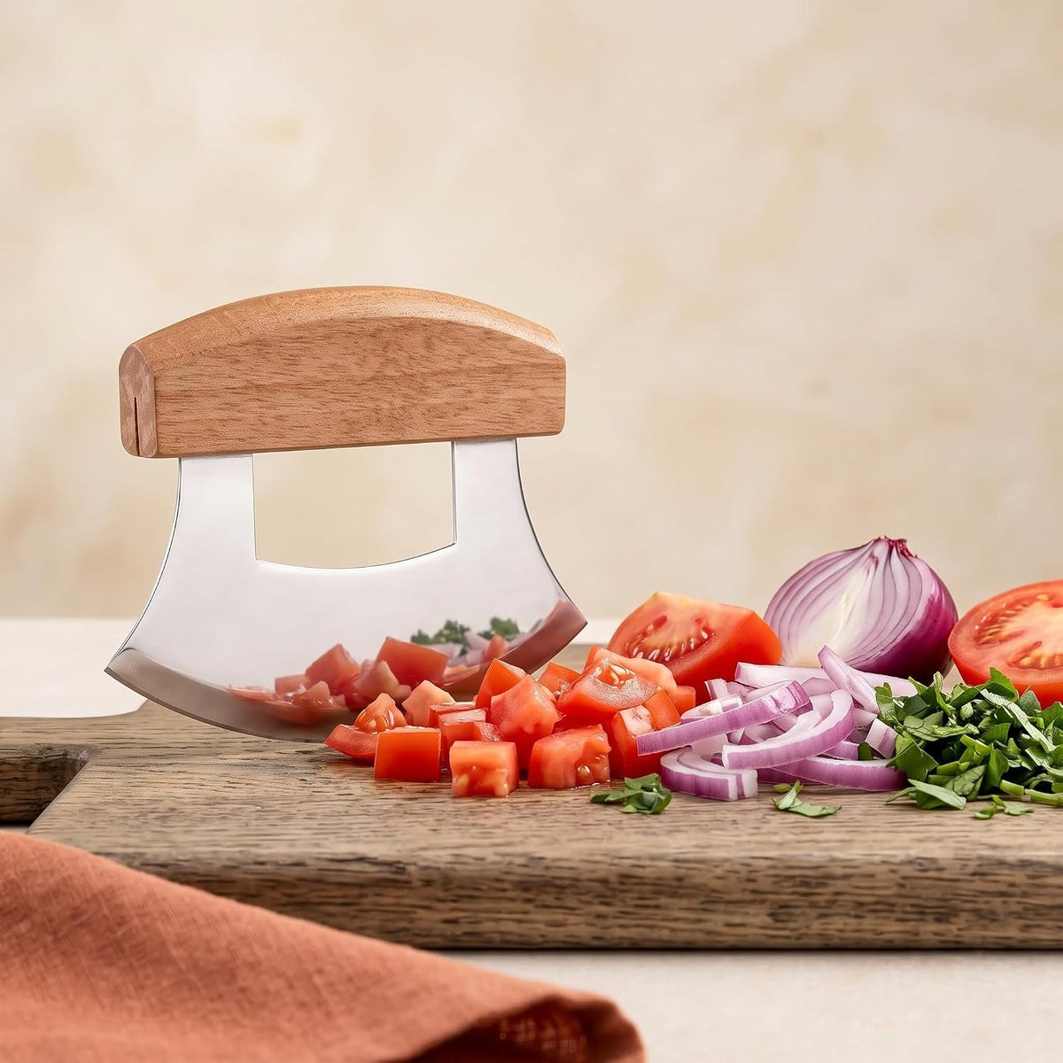 4 PCS Pizza Mezzaluna Ulu Knife, Salad Chopper Rocker Knife Stainless Steel Blade with Wooden Handle for Chopping Vegetable, Fruit