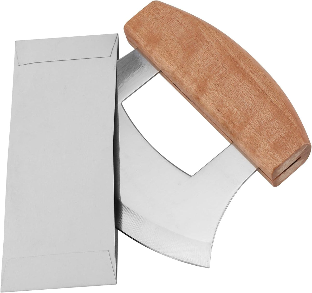 4 PCS Pizza Mezzaluna Ulu Knife, Salad Chopper Rocker Knife Stainless Steel Blade with Wooden Handle for Chopping Vegetable, Fruit
