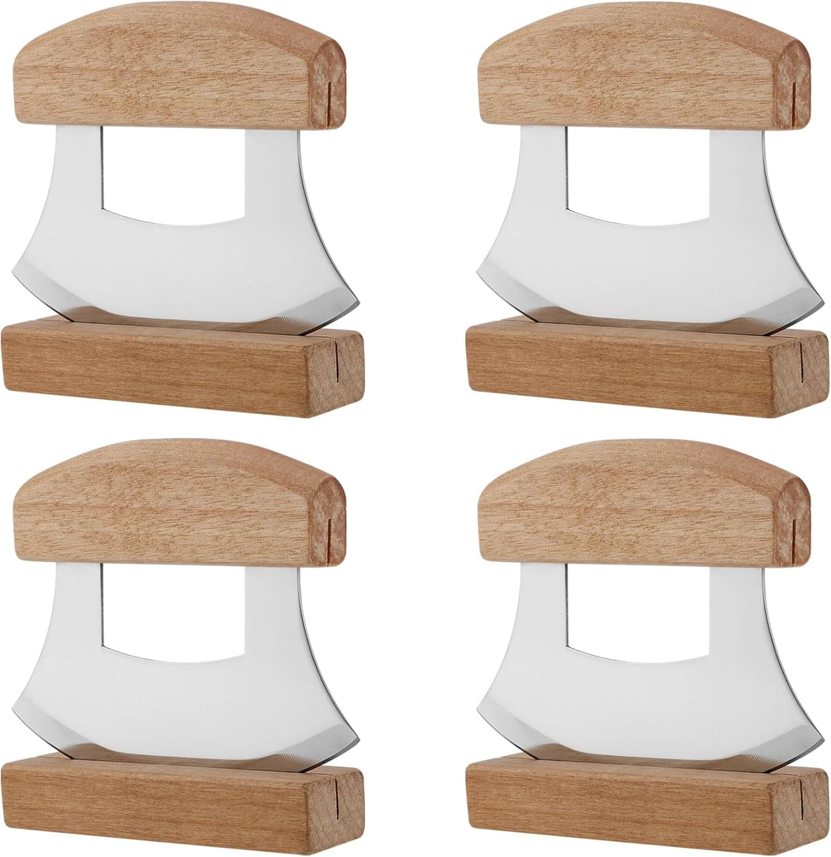 4 PCS Pizza Mezzaluna Ulu Knife, Salad Chopper Rocker Knife Stainless Steel Blade with Wooden Handle for Chopping Vegetable, Fruit