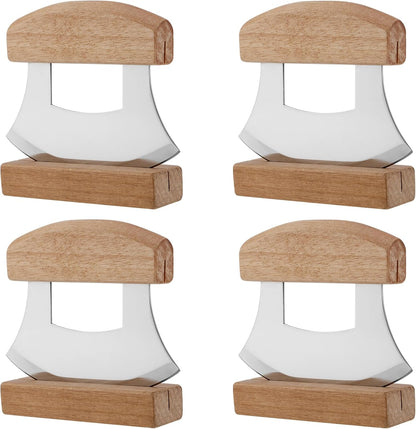 4 PCS Pizza Mezzaluna Ulu Knife, Salad Chopper Rocker Knife Stainless Steel Blade with Wooden Handle for Chopping Vegetable, Fruit