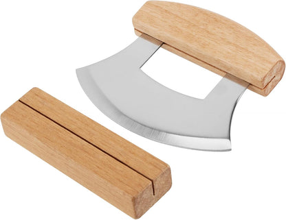 4 PCS Pizza Mezzaluna Ulu Knife, Salad Chopper Rocker Knife Stainless Steel Blade with Wooden Handle for Chopping Vegetable, Fruit