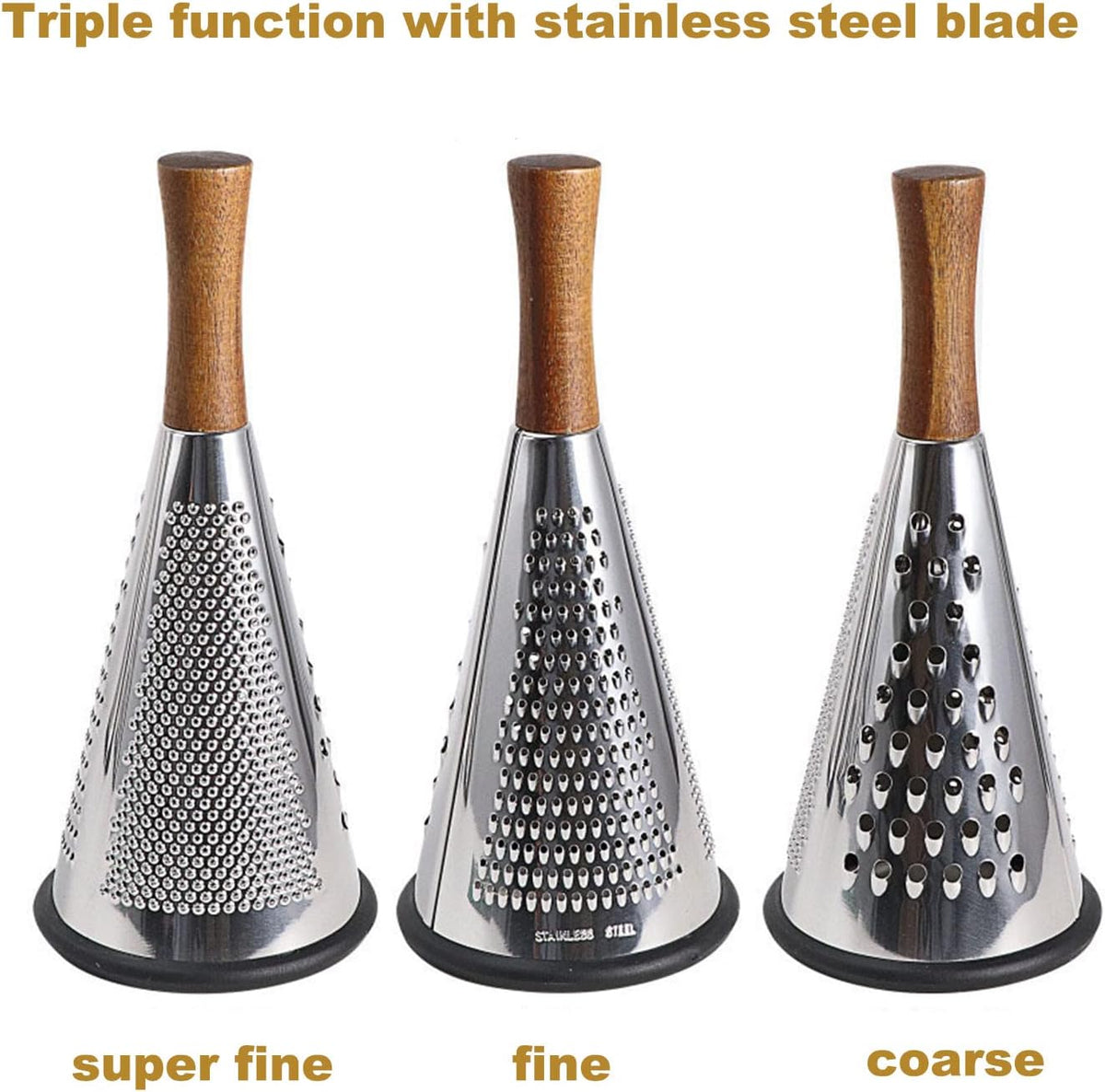 Cone Cheese Grater with Handle - Stainless Steel Triple Function Wood Handle Parmesan Shaver Non-Slip Rubber Bottom Hand Held Multifunction Vegetables Cheese Grater with container(XL:11.8" X 5.1")